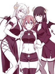  3girls ;d aa-5100 ae-3803 alternate_hair_color arm_strap black_dress black_footwear black_hair black_shorts black_tank_top black_wings blunt_bangs blush boots breasts brown_eyes brown_hair choker cleavage collar commentary_request demon_tail demon_wings dress gloves grey_legwear hand_on_another&#039;s_shoulder hataraku_saibou highres horns limited_palette lipstick long_hair long_sleeves looking_at_viewer makeup medium_breasts midriff multiple_girls navel nayomi nt-4201 one_eye_closed open_mouth red_blood_cell_(hataraku_saibou) short_dress short_hair short_shorts shorts side_slit sideboob simple_background sleeveless sleeveless_dress smile standing stomach tail tank_top thigh_boots thighhighs white_background white_gloves white_hair wings zettai_ryouiki 