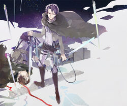  2boys ascot bad_id bad_pixiv_id black_hair boots brown_hair cape eren_yeager field_of_blades jacket levi_(shingeki_no_kyojin) multiple_boys paradis_military_uniform photoshop_(medium) planted planted_sword reverse_grip sakamoto_bin shingeki_no_kyojin sword thigh_strap three-dimensional_maneuver_gear weapon 