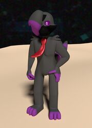  2_tails 3d_(artwork) anthro black_body black_fur canid canine canis digital_media_(artwork) domestic_dog ender endertronic fur grey_body grey_fur hi_res linkie_(thatdoggolinkie) linkielink mammal multi_tail necktie nude organic purple_body purple_eyes purple_fur purple_sky red_necktie sky solo standing tail 