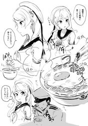  1boy admiral_(kancolle) anchor_symbol bowl chopsticks commentary_request cooking cracking_egg eating egg elbow_gloves female food gloves greyscale hand_on_own_face hat highres instant_noodle_block instant_ramen kantai_collection long_hair looking_to_the_side military military_hat military_uniform monochrome noodles open_mouth pack_noodles peaked_cap ramen sailor_hat school_uniform senbei_(senbe_i) serafuku smile translated uniform urakaze_(kancolle) 