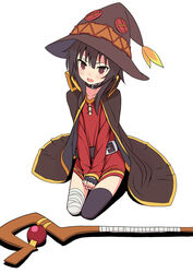  bandages belt black_hair black_thighhighs blush brown_eyes cape collar commentary covering_crotch covering_privates dress dress_tug female fingerless_gloves gloves hat highres kono_subarashii_sekai_ni_shukufuku_wo! looking_at_viewer megumin mocha_(snowflake) open_mouth photoshop_(medium) revision seiza short_hair single_thighhigh sitting solo staff thighhighs v_arms witch_hat 