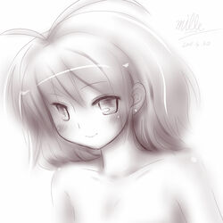  bad_id bad_pixiv_id blush commentary_request copyright_request dated female long_hair mille monochrome simple_background smile solo upper_body white_background 