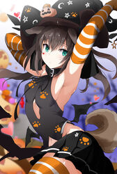  animal_ears aqua_eyes armpits arms_up bad_id bad_pixiv_id bare_shoulders black_hair black_hat black_ribbon black_shirt black_skirt blurry blush breasts center_opening closed_mouth clothing_cutout collar commentary contrapposto cowboy_shot cutout_above_navel depth_of_field elbow_gloves facial_mark female frown gloves groin hair_ribbon halloween hat heart heart_facial_mark heart_tattoo highres jack-o&#039;-lantern koma_shibari long_hair looking_at_viewer miniskirt navel navel_cutout orange_gloves orange_thighhighs original paw_print pleated_skirt ribbon shirt skirt sleeveless sleeveless_shirt small_breasts solo standing star_(symbol) star_print striped_clothes striped_gloves striped_thighhighs tail tattoo thighhighs vane_(vane0) wings witch_hat zettai_ryouiki 