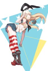  ass bad_id bad_twitter_id bent_over blonde_hair emu_(eomou) female flat_ass full_body highres kantai_collection long_hair miniskirt salute shimakaze_(kancolle) skirt solo striped_clothes striped_thighhighs thighhighs 