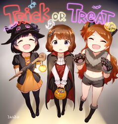  3girls :d ^_^ animal_costume animal_ears ascot bat_hair_ornament black_hair black_legwear blunt_bangs boots brown_hair candy cape closed_eyes commentary cross-laced_clothes dated dot_nose dress food fur_trim gradient_background hair_ornament half_updo halloween halloween_bucket halloween_costume hat idolmaster idolmaster_million_live! jack-o&#039;-lantern long_hair long_sleeves looking_at_viewer midriff miniskirt multiple_girls nagian nakatani_iku navel oerba_yun_fang ogami_tamaki one_side_up open_mouth orange_dress orange_hair pantyhose pleated_skirt puffy_sleeves short_dress short_hair short_ponytail short_sleeves signature skirt smile staff suou_momoko thighhighs tint_me_(idolmaster) trick-or-treating trick_or_treat vampire_costume witch witch_hat wolf_costume wolf_ears wolf_paws 