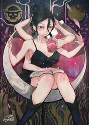  aqua_eyes armpits arms_up artist_logo artist_name bare_arms bare_legs bare_shoulders black_dress black_footwear black_hair blush book boots breasts chair character_name cleavage closed_mouth collarbone commentary cup demong3 devil_fruit_power dress english_commentary extra_arms female full_body hair_between_eyes hand_rest hands_on_own_head hands_up highres holding holding_cup knees_together_feet_apart large_breasts long_hair moon nico_robin one_piece petals photoshop_(medium) shirt short_dress sitting skull_print solo steam tied_shirt tying_hair 