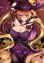  armpits arms_up azur_lane bandages bat_hair_ornament belt black_pantyhose blonde_hair blush breasts broom buckle cameltoe cape cleavage commentary_request covered_navel cowboy_shot dated dress elbow_gloves embarrassed female food-themed_hair_ornament gem gloves hair_ornament halloween halloween_costume hand_on_headwear hat holding jack-o&#039;-lantern jewelry large_breasts leotard long_hair looking_at_viewer necklace nelson_(azur_lane) nelson_(luna_witch)_(azur_lane) official_alternate_costume pantyhose potion pumpkin_hair_ornament purple_leotard red_eyes red_gemstone sidelocks signature simple_background solo taut_clothes taut_dress taut_leotard thigh_strap thighband_pantyhose twintails very_long_hair white_background wide_sleeves witch_hat yuzuri_ai 