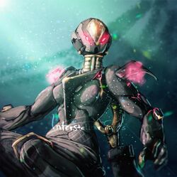  armor bad_deviantart_id bad_id bodysuit breasts female glowing glowing_eyes helmet highres interstellarfarts nova_(warframe) sign signature small_breasts solo space warframe watermark 