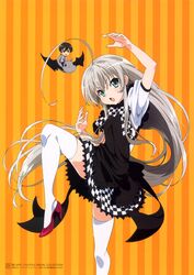  1boy absurdres ahoge arm_up artist_request black_dress bow checkered_bow checkered_clothes checkered_skirt chibi dress female haiyore!_nyaruko-san high_heels highres long_hair looking_at_viewer nyarlathotep_(nyaruko-san) official_art pose puffy_short_sleeves puffy_sleeves red_footwear shantak_(nyaruko-san) shoes short_sleeves simple_background skirt standing standing_on_one_leg striped striped_background thighhighs two-tone_background very_long_hair yasaka_mahiro zettai_ryouiki 