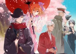  4boys alternate_costume amakusa_shirou_(fate) amakusa_shirou_(spring_equinox_travelogue)_(fate) archer_(fate) archer_(spring_equinox_travelogue)_(fate) black_gloves black_hair blue_eyes blue_sky cherry_blossoms cloak commentary_request cup dango dark-skinned_male dark_skin day eating edmond_dantes_(fate) edmond_dantes_(spring_equinox_travelogue)_(fate) fate/apocrypha fate/grand_order fate/stay_night fate_(series) female food fujimaru_ritsuka_(female) fujimaru_ritsuka_(female)_(walking_in_the_spring_breeze) fujimaru_ritsuka_(male) fujimaru_ritsuka_(male)_(walking_in_the_spring_breeze) gloves hair_over_one_eye hair_ribbon hakama hakama_short_skirt hakama_skirt haori hat holding holding_clothes holding_cup holding_food holding_hat holding_smoking_pipe holding_umbrella japanese_clothes kiseru meiji_schoolgirl_uniform military military_uniform multiple_boys official_alternate_costume oil-paper_umbrella open_mouth orange_eyes orange_hair outdoors parasol parted_lips photoshop_(medium) pink_hakama pointing red_scarf ribbon sakamoto_bin sanshoku_dango scarf school_uniform shirt short_hair short_ponytail side_ponytail skirt sky smoke smoking_pipe tree umbrella uniform unworn_hat unworn_headwear wagashi white_hair white_shirt wide_sleeves yellow_eyes 