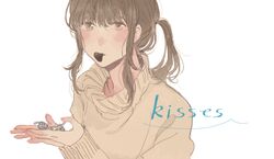  blush brown_eyes brown_hair candy chocolate commentary_request female food food_in_mouth hershey&#039;s_kisses hinao_(flowerrabbit2348) holding looking_at_viewer mouth_hold original partial_commentary ponytail short_hair sidelocks simple_background solo turtleneck upper_body white_background 