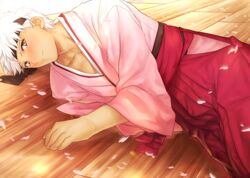  1boy alternate_costume amputee archer_(fate) bad_id bad_pixiv_id blush brown_eyes dark-skinned_male dark_skin fate/stay_night fate_(series) headband highres japanese_clothes kimono lying male_focus on_side petals pink_kimono solo toned toned_male vulture_(washizu0808) white_hair 