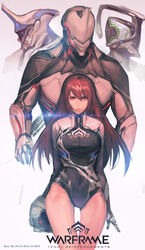  2boys 2girls absurdres artist_name behind_another black_soldier bodysuit breasts closed_mouth commentary_request copyright_name diffraction_spikes excalibur_(warframe) frost_(warframe) gradient_background hair_between_eyes helmet highres large_breasts logo long_hair looking_at_viewer multiple_boys multiple_girls nyx_(warframe) operator_(warframe) photoshop_(medium) red_eyes red_hair simple_background standing thighs unworn_headwear unworn_helmet warframe 