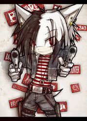  alternative_fashion belt black_markings clothing cropped_jacket dero_the_hedgehog dual_wielding ear_piercing fur gloves grey_clothing grey_gloves grey_handwear gun hair handgun handwear holding_gun holding_object holding_ranged_weapon holding_weapon jewelry long_hair male markings necklace pamf piercing punk ranged_weapon red_eyes sega short_tail smile solo sonic_the_hedgehog_(series) tail weapon white_body white_fur 