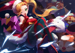  ambitious_elf_jinx blonde_hair boots bow choker christmas christmas_tree female gloves jinx_(league_of_legends) league_of_legends lipstick long_hair pointy_ears ribbon santa_hat skirt thighhighs wink 