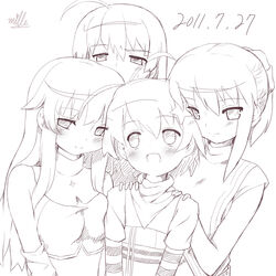  4girls bad_id bad_pixiv_id blush commentary_request copyright_request dated highres long_hair mille monochrome multiple_girls open_mouth short_hair simple_background smile white_background 