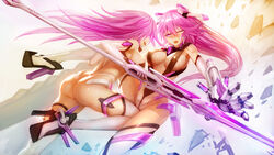  2girls 300_heroes absurdres android ass bad_id bad_pixiv_id battle breasts cleavage commentary_request duel elbow_gloves gloves headgear high_heels highres large_breasts long_hair multiple_girls one_eye_closed open_mouth photoshop_(medium) pink_eyes pink_hair power_gloves sword thighhighs weapon zhuore_zhi_hen 