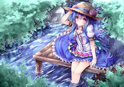  blue_hair blush hat hinanawi_tenshi jpeg_artifacts pink_eyes touhou tyaba_neko water 