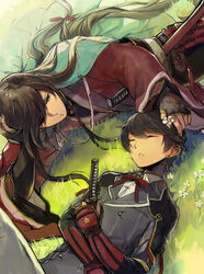  2boys black_hair blue_eyes closed_eyes commentary_request daisy flower furutachirikonbu grass horikawa_kunihiro izumi-no-kami_kanesada japanese_clothes lying male_focus military military_uniform multiple_boys sleeping sword touken_ranbu uniform weapon 