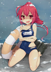  ahoge bad_id bad_pixiv_id bare_legs bare_shoulders barefoot breath cold crossed_arms female high_ponytail hukasikasi i-168_(kancolle) kantai_collection lifebuoy looking_at_viewer name_tag one-piece_swimsuit open_mouth ponytail red_eyes red_hair school_swimsuit shaded_face sitting snow snowing solo swim_ring swimsuit torn_clothes torn_swimsuit trembling wariza wavy_mouth wet 