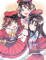  3girls :d ;d blue_ribbon blush brown_eyes brown_hair buttons closed_mouth collared_shirt dated dekitate_evo!_revo!_generation!_(idolmaster) dress_shirt eyebrows frilled_shirt_collar frills green_eyes hat hat_ribbon honda_mio idolmaster idolmaster_cinderella_girls long_hair looking_at_viewer medu_(rubish) multiple_girls new_generations_(idolmaster) one_eye_closed one_side_up open_clothes open_mouth open_vest orange_eyes pink_ribbon pleated_skirt red_hat red_skirt red_vest ribbon shibuya_rin shimamura_uzuki shirt short_hair short_sleeves skirt skirt_set smile straight_hair striped striped_ribbon vest white_shirt yellow_ribbon 