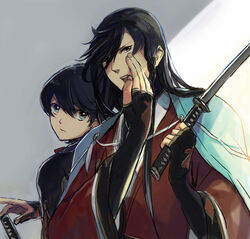  2boys black_hair blue_eyes commentary_request furutachirikonbu horikawa_kunihiro izumi-no-kami_kanesada japanese_clothes looking_back male_focus multiple_boys open_mouth sword touken_ranbu weapon 