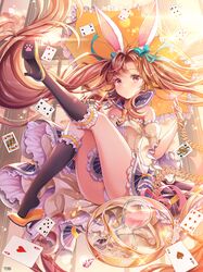  animal_ears aqua_ribbon artist_name bad_id bad_pixiv_id bare_shoulders black_socks brown_hair card commentary_request corset detached_collar detached_sleeves dress female floating_hair frilled_sleeves frilled_socks frilled_umbrella frills hair_ribbon high_heels holding holding_umbrella hourglass kneehighs knees_together_feet_apart long_hair looking_at_viewer orange_footwear original panties pantyshot parasol paw_print paw_print_soles playing_card puffy_detached_sleeves puffy_sleeves rabbit_ears red_eyes revision ribbon sailor_collar shoes socks solo thighs tobi_(mue86) twintails umbrella underwear very_long_hair white_panties 