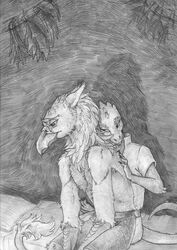  anthro avian backrub bed bottomwear clothed clothing cross-hatching duo faellin furniture greyscale gryphon hatching_(art) hi_res kobold male monochrome mythological_avian mythological_creature mythology on_bed pants prode rukhgert_stern shaded sittings topless traditional_media_(artwork) 