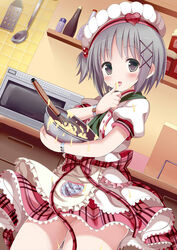  blush bowl chef_hat commentary_request cowboy_shot dress female food food_on_clothes food_on_face givuchoko grey_eyes grey_hair hat highres kitchen layered_dress licking licking_finger microwave mixing_bowl moe2016 one_side_up open_mouth original puffy_short_sleeves puffy_sleeves revision short_sleeves solo spilling tasting thighs tongue tongue_out whisk wrist_cuffs 