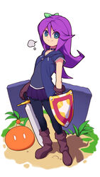  abigail_(stardew_valley) boots bow choker female gloves grass graveyard green_eyes hood hooded_jacket jacket junimo long_hair metata miniskirt open_clothes open_jacket pantyhose pose purple_hair shield short_sleeves skirt solo stardew_valley sword weapon zipper 