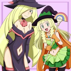  2girls blonde_hair breasts cleavage clothing_cutout commentary_request cosplay green_eyes halloween hat highres kuro_hopper lillie_(pokemon) lusamine_(pokemon) mismagius mismagius_(cosplay) mother_and_daughter multiple_girls navel navel_cutout pokemon pokemon_sm witch witch_hat 