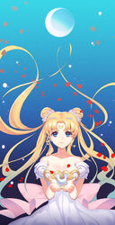  bare_shoulders bishoujo_senshi_sailor_moon blonde_hair blue_background blue_eyes bow breasts cleavage commentary_request crescent crescent_facial_mark dakun double_bun facial_mark female forehead_mark hair_bun hair_ornament hairpin highres huge_bow long_hair looking_at_viewer medium_breasts moon petals photoshop_(medium) pink_bow princess_serenity smile solo straight-on tsukino_usagi twintails upper_body 