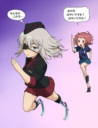  2girls amputee black_hat black_jacket black_necktie blue_eyes blue_footwear blue_skirt brown_eyes closed_mouth commentary_request dress_shirt emblem eyepatch full_body garrison_cap girls_und_panzer gradient_background hat itsumi_erika jacket kingsman:_the_secret_service kuromorimine_military_uniform long_sleeves military military_hat military_uniform miniskirt motion_blur multiple_girls necktie no_legwear open_mouth parody parted_bangs pleated_skirt prosthesis red_hair red_shirt red_skirt rosehip_(girls_und_panzer) running school_uniform shirt shoes short_hair skirt sleeves_rolled_up sneakers st._gloriana&#039;s_school_uniform sweatdrop sweater uniform wata_do_chinkuru white_shirt 