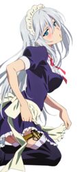  apron black_legwear blue_eyes dress gun hair_between_eyes head_tilt kneeling la_folia_rihavein long_hair looking_at_viewer maid maid_headdress neck_ribbon parted_lips purple_dress red_ribbon ribbon short_dress short_sleeves silver_hair solo strike_the_blood thighhighs transparent_background weapon white_apron 