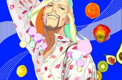  1boy bad_id bad_pixiv_id beard commentary_request facial_hair fig food fruit higashikata_norisuke_iv jojo_no_kimyou_na_bouken jojolion kiwi_(fruit) lemon lipstick_mark long_hair male_focus orange_(fruit) solo sossoism 