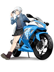  absurdres bad_id bad_pixiv_id blue_hair female highres kawasaki kurohane long_hair motor_vehicle motorcycle photoshop_(medium) pleated_skirt rwby scar scar_across_eye scar_on_face simple_background skirt solo sunglasses weiss_schnee white_background white_hair 