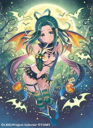  antenna_hair bare_shoulders bat_(animal) bat_wings blush bracelet breasts castle commentary_request company_name elbow_gloves female food-themed_hair_ornament full_body full_moon gloves green_eyes green_gloves green_thighhighs hair_intakes hair_ornament halloween heart_antenna_hair jack-o&#039;-lantern jewelry leaning_forward licking_lips looking_at_viewer madopen midoriko_(wixoss) midriff miniskirt moon navel night official_art photoshop_(medium) pumpkin_hair_ornament sidelocks skirt small_breasts solo spiked_bracelet spikes striped_clothes striped_thighhighs thighhighs tongue tongue_out twintails wings wixoss 