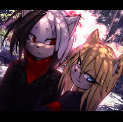  ann-jey anthro autumn black_markings blonde_hair blue_eyes clothing coat date dero_the_hedgehog duo ear_piercing eulipotyphlan fan_character female fur gitz_the_hedgehog hair hedgehog hug male mammal markings outside pamf park piercing plant red_eyes scarf sega shaded shy smile smirk sonic_the_hedgehog_(series) topwear tree white_body white_fur yellow_body yellow_fur 