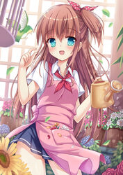  apron bird blue_eyes breasts brown_hair commentary_request female flower hair_ribbon hydrangea long_hair looking_at_viewer md5_mismatch milkshakework moe2016 neckerchief one_side_up open_mouth original pleated_skirt revision ribbon school_uniform serafuku shirt skirt small_breasts smile solo very_long_hair watering_can 