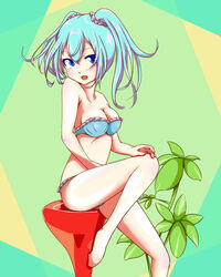  bikini blue_eyes blue_hair commentary_request female hatsune_miku long_hair microsd_(pibo) open_mouth scrunchie sitting solo stool swimsuit twintails vocaloid 