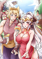  1boy 2girls aliza_(granblue_fantasy) animal_ears bolobolo breasts brown_hair china_dress chinese_clothes cleavage cleavage_cutout clothing_cutout commentary_request couple crepe draph dress earrings erune fingerless_gloves food gloves granblue_fantasy hair_ornament hair_pulled_back headpiece highres holding holding_food horns huge_breasts jewelry locked_arms long_hair looking_at_viewer lyria_(granblue_fantasy) multiple_girls photoshop_(medium) pointing pointing_at_viewer pointy_ears ponytail red_eyes side_slit stan_(granblue_fantasy) straight vyrn_(granblue_fantasy) white_hair 