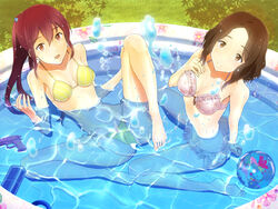  2girls amakata_miho ball barefoot beachball bikini brown_eyes brown_hair commentary_request free! highres long_hair matsuoka_gou multiple_girls partially_submerged ponytail red_eyes red_hair shinkuoh short_hair splashing spread_legs swimsuit wading_pool water water_gun 