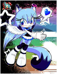  auntymoira biped blue_body blue_eyes blue_fur blush boots clothing digital_media_(artwork) dipstick_tail eyelashes feathered_wings feathers female footwear full-length_portrait fur gloves handwear heart_symbol hi_res looking_at_viewer markings portrait small_wings solo speech_bubble star tail tail_markings thick_eyelashes white_clothing white_gloves white_handwear wings 