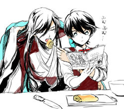  2boys alarm_clock analog_clock apron black_hair book cameo clock commentary_request feeding furutachirikonbu horikawa_kunihiro izumi-no-kami_kanesada japanese_clothes knife male_focus multiple_boys open_book open_mouth partially_colored reading shokudaikiri_mitsutada touken_ranbu translated 