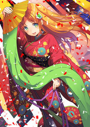  2girls :d amiami_(company) amico arm_up blue_eyes blue_hair blue_kimono blush bracelet checkered_sash confetti drill_hair dutch_angle floral_print folding_fan green_eyes hair_ornament hand_fan highres holding holding_fan japanese_clothes jewelry kimono lilco logo_hair_ornament long_hair long_sleeves looking_at_viewer looking_away multiple_girls official_art oil-paper_umbrella open_mouth orange_hair profile red_kimono smile solo_focus standing two_side_up umbrella wide_sleeves yumekui 