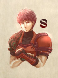  1boy armor brown_background commentary_request countdown fingerless_gloves fire_emblem fire_emblem_echoes:_shadows_of_valentia gloves lukas_(fire_emblem) male_focus red_armor red_eyes red_hair solo towa_(towa_no_jiyuuchou) upper_body 