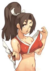  alternate_breast_size bra bra_lift breasts brown_hair cleavage fatal_fury female folding_fan hand_fan hand_up high_ponytail highres holding holding_fan long_hair looking_at_viewer medium_breasts navel one_eye_closed open_mouth parted_lips shiranui_mai simple_background solo sweat the_king_of_fighters underboob underwear vins-mousseux white_background 