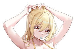  absurdres arms_up bare_arms bare_shoulders blonde_hair character_request collarbone commentary_request copyright_request eyeshadow female freeeeeeeeeee hair_tie_in_mouth halterneck head_tilt highres long_hair looking_at_viewer makeup mouth_hold portrait red_eyes simple_background solo white_background 