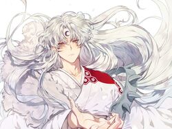  1boy closed_mouth collarbone commentary_request crescent facial_mark fingernails highres inuyasha japanese_clothes kimono korean_commentary long_fingernails long_hair long_sleeves looking_at_viewer male_focus mgmg_1012 sesshoumaru shade simple_background solo upper_body white_background white_hair white_kimono yellow_eyes 