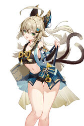  :3 :d absurdres ahoge animal_ear_fluff animal_ears bare_shoulders black_shirt blonde_hair blue_skirt box breasts cardboard_box cat_ears cat_tail cleavage commentary_request crop_top detached_sleeves feet_out_of_frame female freeeeeeeeeee genshin_impact green_eyes hair_ornament hairclip half_updo highres kirara_(genshin_impact) large_breasts long_hair long_sleeves looking_at_viewer midriff miniskirt multiple_tails navel shirt simple_background skirt smile solo standing stomach tail thighs two_tails very_long_hair white_background 